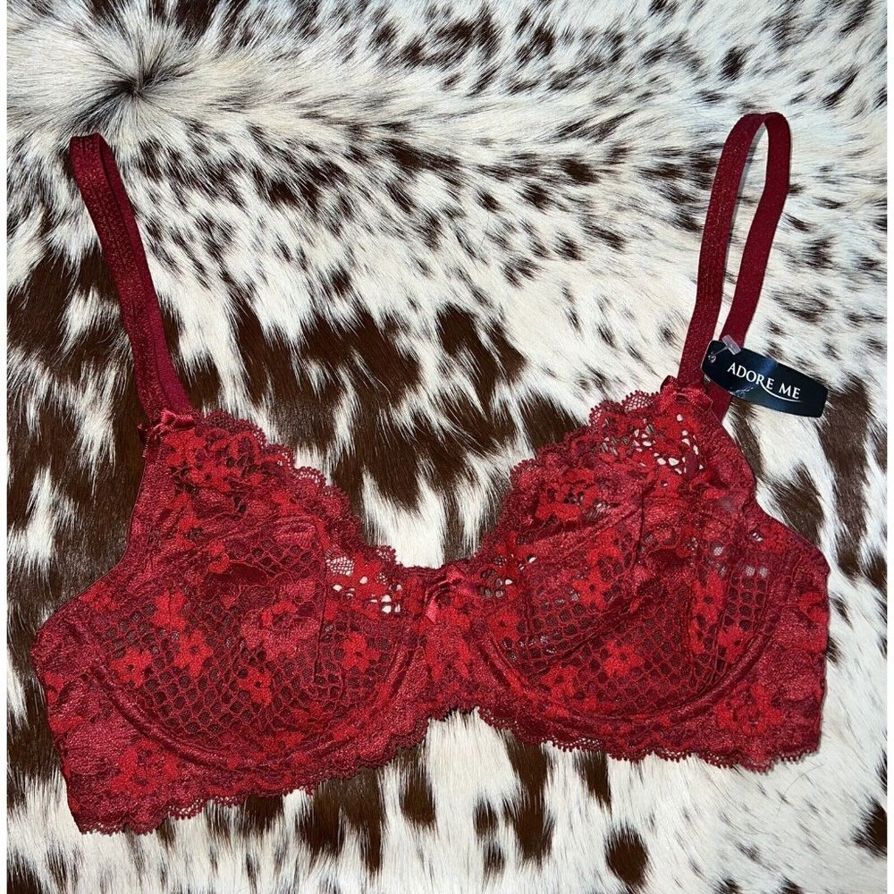 𝅺NEW Red Lace Bra NWTS Sexy Lingerie 32C (X) Semi-Sheer
